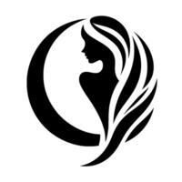 A minimalist black and white silhouette of a womans profile, hair cascading outwards within a stylized circle, emphasizing grace and elegance. vector