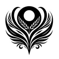A symmetrical black and white emblem depicting a stylized plant form with a central circle, wheat stalks, and ornate featherlike elements, evoking a sense of elegance and balance. vector