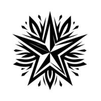 A stark black and white geometric featuring a fivepointed star at the center, surrounded by stylized abstract elements radiating outwards. vector