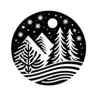 A winter landscape in a black and white circle with a snowy night sky, mountains, and evergreen trees. vector