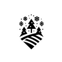 Minimalist winter scene geometric trees on a snowcovered field with falling snowflakes in a black and white composition. vector