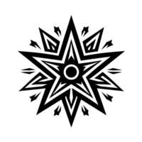 Intricate black and white geometric starburst on a white backdrop, featuring multiple layers, sharp angles, and a central circle. vector