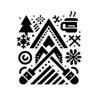 Abstract winter scene geometric cabin, tree, snowflakes, and a steaming mug, evoking warmth amidst a snowy minimalist design. vector