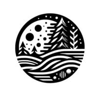 Monochrome minimalist circle illustration a stylized winter landscape with pine trees, snow, and a layered, abstract terrain, creating a serene and artistic design. vector