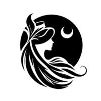 Silhouette of a woman with flowing hair wearing a hat with a leaf, moon in a black circle, minimalist, elegant, and decorative design. vector