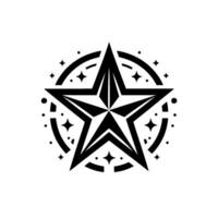 Bold black and white starburst with a fivepointed star center, embellished with additional stars and a circular pattern. vector