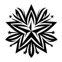 Symmetrical black starburst mandala with angular points, ribbons, and small stars on a white background vector