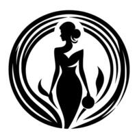 An elegant silhouette of a woman in a flowing gown holding a sphere, framed by dynamic circular patterns. vector