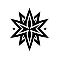 Intricate black and white geometric star with pointed elements and two small accent stars against a clean white background, evoking a sense of balance and symmetry. vector