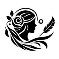 Elegant silhouette of a woman adorned with floral elements, a feather, and flowing lines, symbolizing grace and creativity. vector