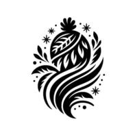 A symmetrical, stylized black and white floral with an egglike central form, incorporating leaves, stripes, and star accents, creating a cohesive and balanced composition. vector