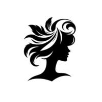 Elegant silhouette of a woman adorned with flowing hair, featuring featherlike accents and swirling, decorative elements against a white background. vector
