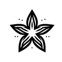 A stark, minimalist starburst in black and white, featuring a fivepointed shape with internal striped detailing and small, symmetrical dots. vector