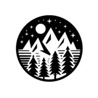 Serene nightscape emblem stylized black and white illustration of mountains, trees, moon, and stars within a circular frame, exuding tranquility. vector
