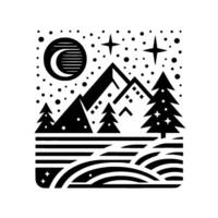 A minimalist black and white illustration depicting a serene winter landscape featuring mountains, a crescent moon, pine trees, stars, and falling snow, creating a peaceful, scene. vector
