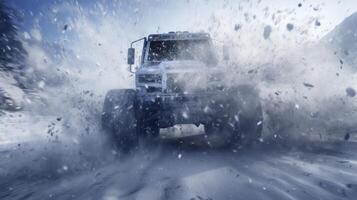 A white truck is driving through a snowstorm photo