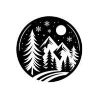 A black and white circular featuring a winter mountain scene, with snowy peaks, evergreen trees, a full moon, and falling snowflakes. vector
