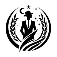 A sophisticated silhouette of a suited man in a hat, framed by wheat, stars, and a crescent moon within a stylized circular emblem. vector
