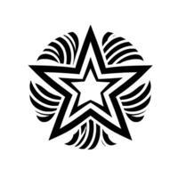 A stylized, symmetrical black and white featuring a fivepointed star as the central element, surrounded by decorative, fanlike patterns on a clean white background. vector