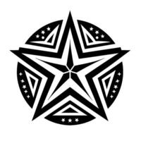 A bold, geometric black and white starburst with intricate, layered chevron patterns, and stellar accents on a clean white background. vector