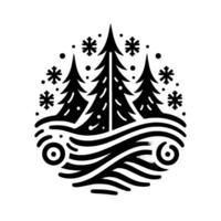 A monochromatic, stylized winter scene featuring three pine trees nestled on a hill amidst falling snowflakes, set within a circular frame, evoking a minimalist festive aesthetic. vector