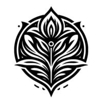Intricate symmetrical black and white botanical within a circle, resembling a stylized flower or ornate emblem, set against a clean white background. vector