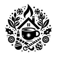 A black and white, festive christmas illustration with a stylized house, cup of cocoa, and winter elements arranged in a circular composition. vector
