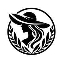 Elegant silhouette a woman with flowing hair and a widebrimmed hat within a circular frame, adorned with laurel branches, evoking a sense of classic beauty and sophistication. vector