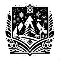 A monochrome winter scene within a square, depicting a snowcovered landscape with a cabin, mountains, snowflakes, a sled, and decorative botanical elements. vector