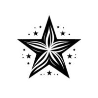 A bold, black and white star with a layered florallike center, surrounded by smaller stars and dots on a bright white backdrop, creating a striking contrast. vector