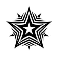 A bold black and white star featuring layers of geometric shapes, with sharp, pointed extensions radiating outwards against a stark white background. vector