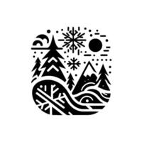 A minimalist black and white winter landscape design, featuring trees, mountains, a sun, and falling snowflakes within a geometric frame. vector