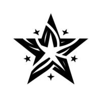 A symmetrical black and white art design, featuring a large fivepointed star with an inner stylized star shape and surrounding smaller stars on a clean white background. vector