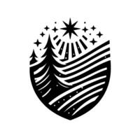 A stylized, black and white christmasthemed emblem, shaped like a shield, featuring a prominent fir tree, radiating star, and starry night sky. vector
