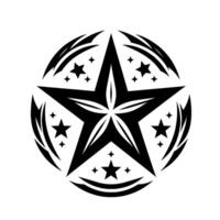 A symmetrical monochrome illustration features a large, fivepointed star, encompassed by a circular arrangement of accents, embedded with smaller stars. vector