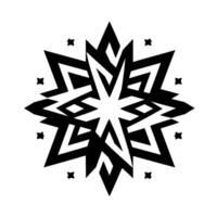 Intricate black and white geometric snowflake pattern with star elements, minimalist on a clean white background. vector