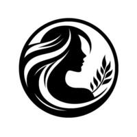 Elegant silhouette a black and white circular depicting a womans profile with flowing hair and a laurel branch. vector