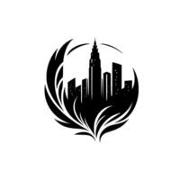 Dramatic monochrome cityscape silhouette, featuring tall skyscraper centerpiece surrounded by stylized leaflike elements, all contained within a circular design. vector