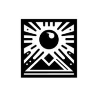 Geometric black and white a stylized featuring a sun with radiating rays, eye within, over mountain peaks, enclosed in a square frame, with a simple shadow. vector