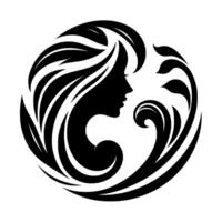 Elegant silhouette of a womans profile adorned with flowing hair and floral embellishments, enclosed in a circular frame. vector