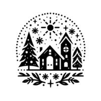 Monochromatic winter village emblem silhouette of houses, trees, sun, and stars, nestled within a dotted circle, creating a festive, minimalist design. vector