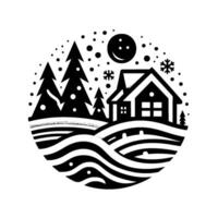 Black and white winter scene in a circle, featuring a snowy cabin, evergreen trees, and a stylized sun. vector