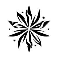 A stylized, symmetrical black and white floral mandala featuring sharp, curved petals emanating from a central point, with tiny stars interspersed against a plain white background. vector