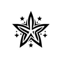 A stylized black fivepointed star with intricate internal details, encircled by smaller stars and geometric accents, set against a clean white background. vector