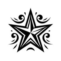 Intricate black star with decorative swirls and a crescent moon accent, set against a pure white background, a bold element. vector