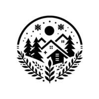 A minimalist black and white circular emblem of a winter scene with houses, pine trees, snowflakes, and a sun, encircled by laurel leaves. vector