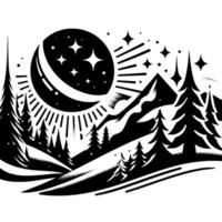 A stylized black and white illustration of a night scene a crescent moon and stars illuminating a mountainscape forest. vector