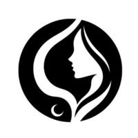 Elegant silhouette of a womans profile enclosed in a circular frame with flowing hair, featuring a crescent moon element. vector