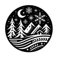 Serene black and white winter landscape snowy mountains, evergreens, crescent moon, and snowflake design, in a circular composition. vector