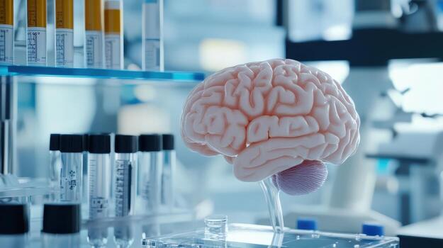 Scientists study a realistic human brain model in a modern laboratory setting to advance neuroscience research and understanding of brain function photo